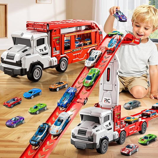 Toddler Car Truck Toys for 3 4 5 6 7 8 Years Old Boys, Transporter Truck Toy Track Set with 12 Die-Cast Car Toys, Toy Gifts for 3 4 5 6 Year Old Boys Kids