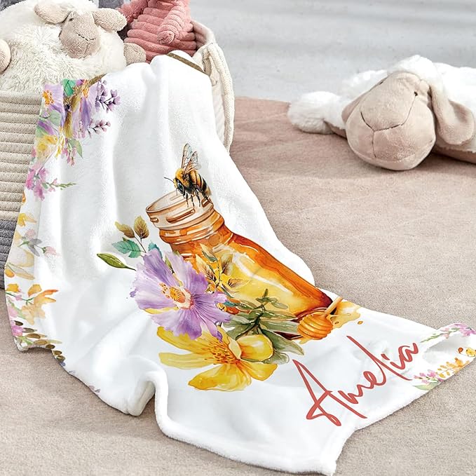 Custom Baby Crib Bedding Set, Personalized Name Colorful Bee Design Crib Set 3 Pcs, Soft Double Layer Blanket, Crib Sheet & Room Rug, Ideal Nursery Decor Gift for Baby Girls Boys