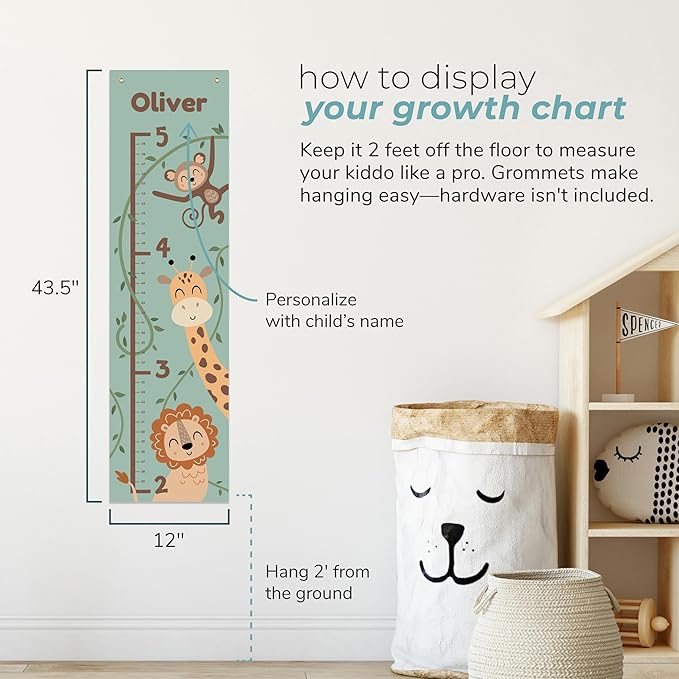 Prints Next Day – Custom Safari Growth Chart for Kids – 12" x 43.5" Wall Height Chart – Personalized with Name – Jungle Nursery & Room Decor – Birthday – PVC-Free – Printed in USA