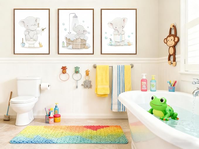 Framed. Set of three prints for bathrooms. An elephant in my bathroom wall art. Canvas Print. Funny kids Bathroom home decor. 8x10 inch.