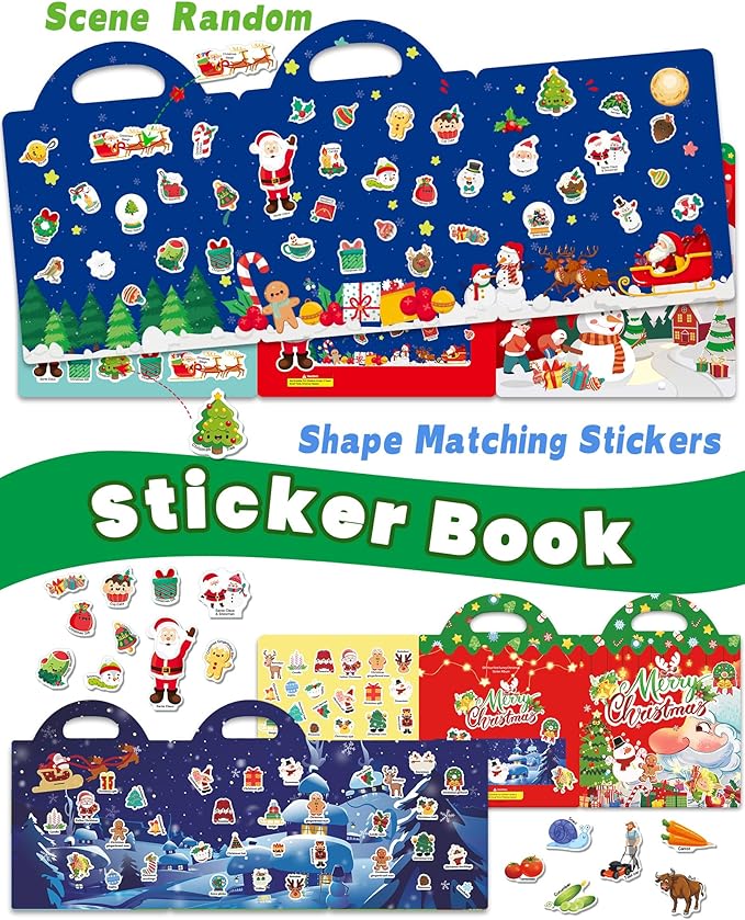 Walenced Reusable Sticker Book for Toddlers, Stickers for Kids, Toddler Sticker Book, Toddler Craft Activities, Toddler Travel Toys Ages 3 and Up Boy Girl Birthday Gifts - Christmas