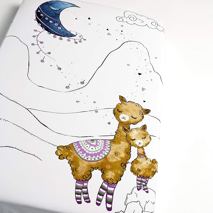 JumpOff Jo - Fitted Mini Crib Sheet for Portable Crib, Playard, and Playpen Mattresses and Mats, Soft 100% Cotton, 24 in. x 38 in. - Llama and Mama