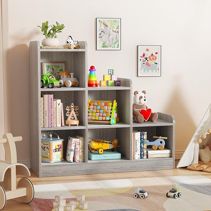 Derfullo Book Shelf, 6-Cube Toy Organizers and Storage, Small Open Floor Montessori Bookcase for Kids Room, Bedroom and Playroom, 35.4" W x 11.8" D x 31.5" H, Grey