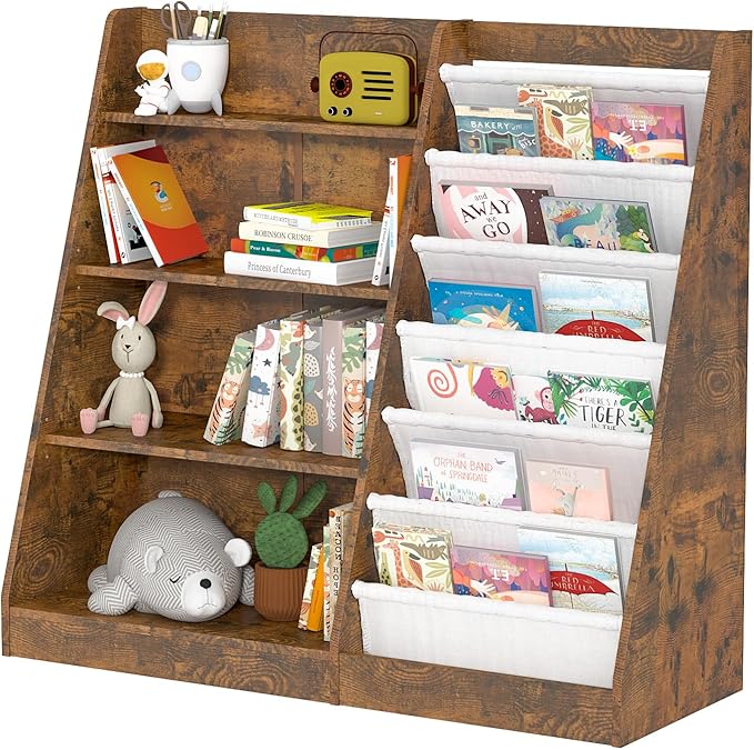 HedoAjim Kids Bookshelf for Bedroom Toddler Child Baby Bookcase 4-Tier for Nursery Book Toy Storage Organizer 6 Sling Adjustable Display Shelf Stand Book Rack Wood Classroom Playroom Rustic Brown