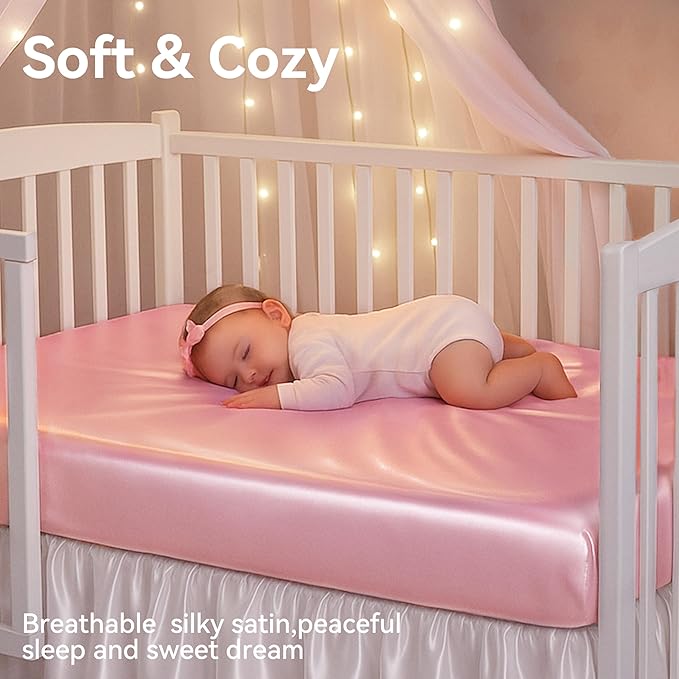 Pro Goleem Satin Soft Crib Sheet Great for Baby with Sensitive Hair Silky Baby Sheet Pink 52’’x28’’x8’’ Fitted Sheet for Girls