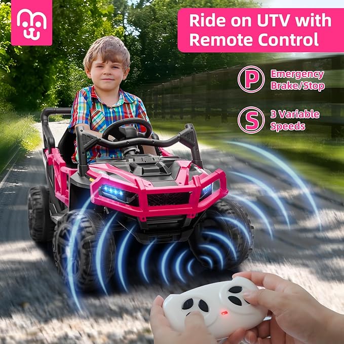 24V Kids Ride on Truck Car Remote Control, Twin 55W Motors 4MPH Max Speed Off-Road UTV, Bluetooth Music, Suspension System Safety Belt, Electric Vehicles Gift for Boys & Girls-Rosy