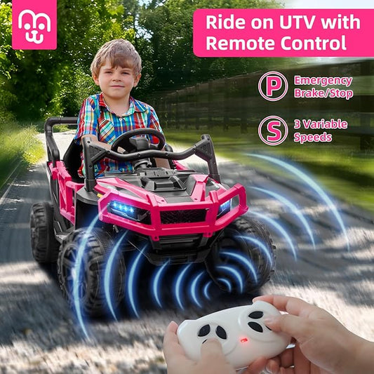 24V Kids Ride on Truck Car Remote Control, Twin 55W Motors 4MPH Max Speed Off-Road UTV, Bluetooth Music, Suspension System Safety Belt, Electric Vehicles Gift for Boys & Girls-Rosy