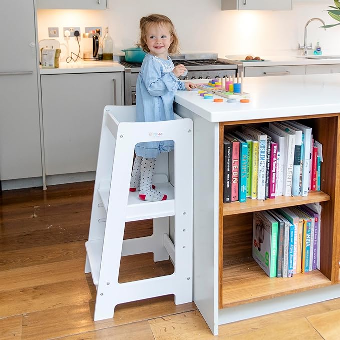 Stepup Baby Toddler Step Stool - Adjustable Height Kids Helper Step Stool, Durable, Non-Slip Platform for Bathroom Sink & Kitchen Counter, Toddler Tower for Exploration and Growth - White