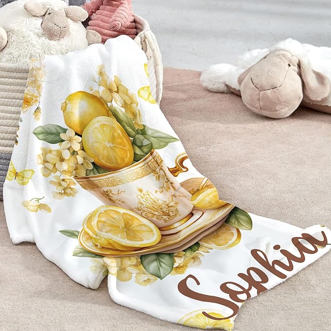 Custom Baby Crib Bedding Set, Personalized Name Lemon Tea Design Crib Set 3 Pcs, Soft Double Layer Blanket, Crib Sheet & Room Rug, Ideal Nursery Decor Gift for Baby Girls Boys