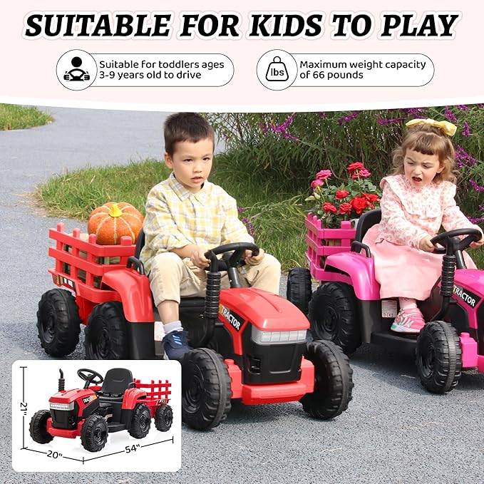 TOBBI Kids Electric Toy Tractor with Trailer, Toddlers 12V Battery-Powered 6-Wheels Vehicle, Ride On Car to Drive with 35W Dual Motor/3-Speeds/LED & Horn Functions for Chirdren Aged 3-6-Red