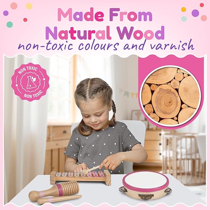 Stoie's Wooden Toddler Musical Instruments with Xylophone, Maracas, Triangle, Tamburine for Babies and Kids, Eco Friendly Montessori Educational Toy
