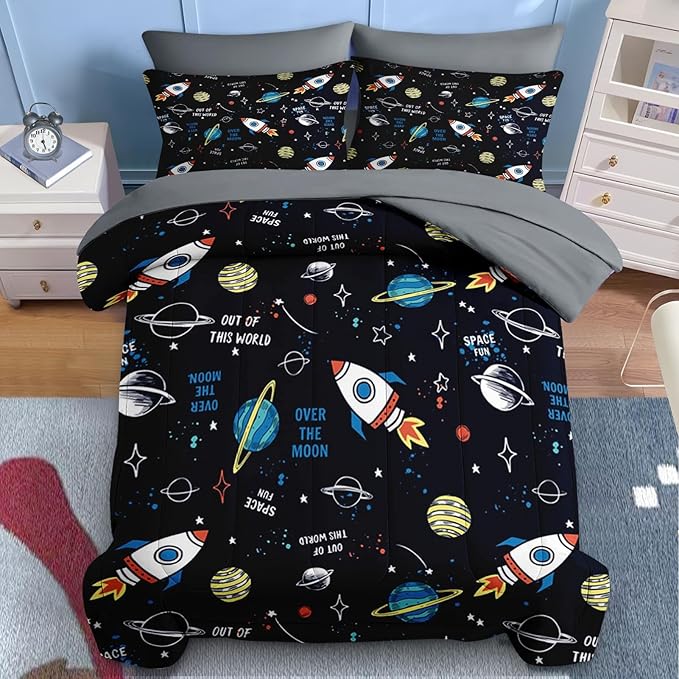 Nesker 4 Pcs Comforter Set Toddler Size, Space Moon Universe Bedding for Kids Teen, Rockets Planets Stars Bed Sheet with Pillowcase & Sham