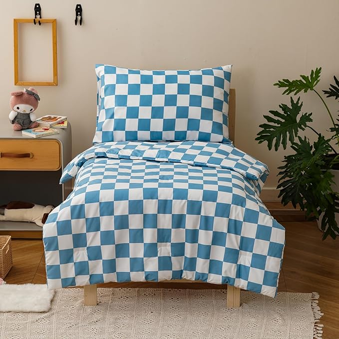 KAREVER Grid Toddler Bedding Set Blue White Checkered 4 Pieces Crib Bed Set Kids Pliad Comforter Set