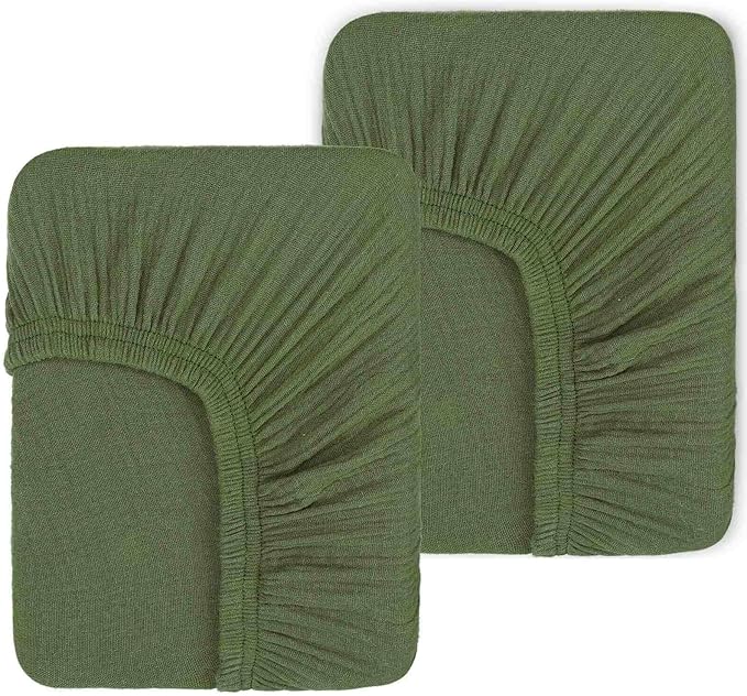 2 Pack Olive Green Muslin Crib Sheets for Boys & Girl- Neutral Breathable Cotton Crib Mattress Sheets Fitted for Standard 28"x 52"- Nursery Décor No Slip Crib Bed Sheets