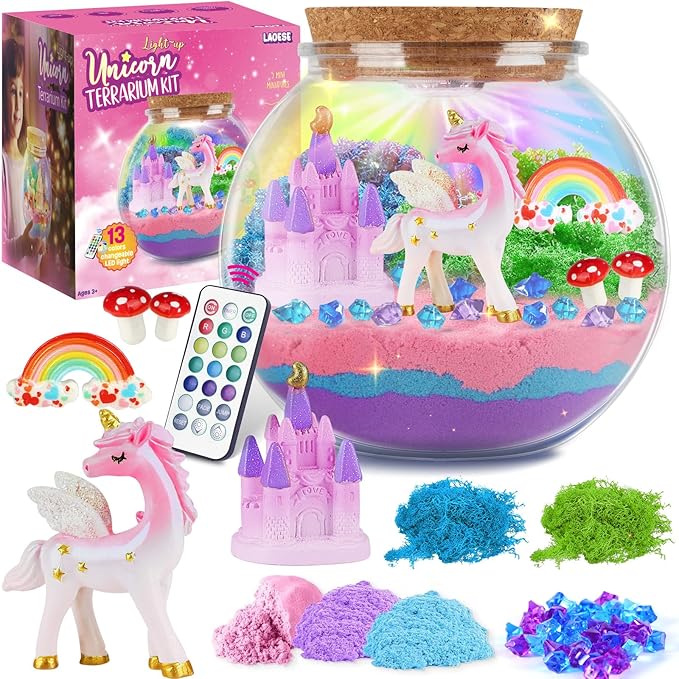Unicorn Gifts for Girls - Light Up Terrarium Kit for Kids - DIY Unicorn Toys for Girls Age 4 5 6 7 8-12 Year Old, Arts and Crafts Kit for Kids, Christmas Halloween Birthday Gifts