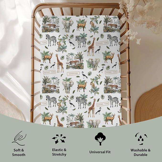 Safari Animal Adventure Baby Crib Sheets for Boy Girl 52x28 Elephant Leopard Giraffe Zebra Tropical Leaves Soft Snug Fitted Crib Mattress Cover African Baby Sheet for Standard Crib & Toddler Mattress