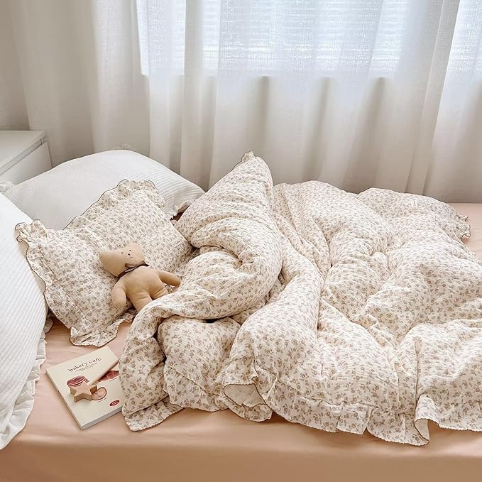 BuLuTu Kids Duvet Cover Soft 2-Layer Cotton Muslin Floral Duvet Cover Beige Comforter Cover Bedding Duvet Protector, 60"x78", Camellia Print (Pillowcases Not Included)