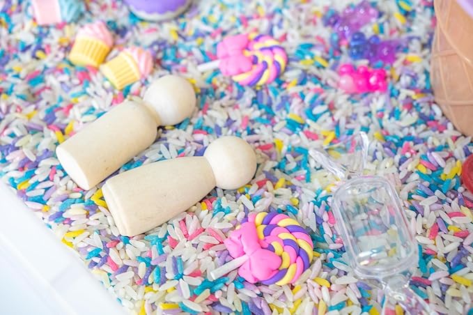 Sweets Shop Sensory Bin Kit for Kids – Bright Rainbow Rice, Candy Erasers, Donut Containers & Wooden Tools – Includes Clear Storage Bin