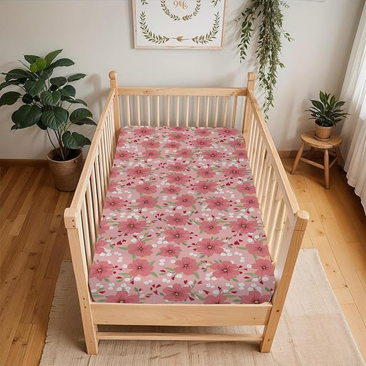 Love Blooms Rose Baby Crib Sheets for Boy Girl 52"x28" Boho Floral Hearts Soft Stretchy Fitted Crib Mattress Cover Spring Summer Blossom Baby Sheet for Standard Crib and Toddler Bed Mattress