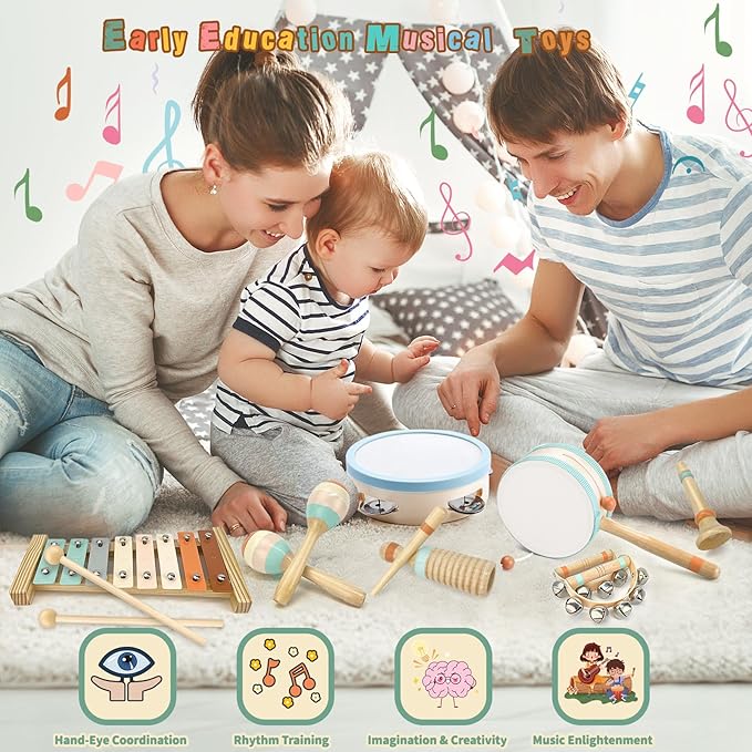 Musical Instruments-Toddler Musical Toys Wooden Montessori Musical Instruments for 1-3 Year Olds | Xylophone & Tambourine Percussion Set with Storage Bag for Kids Preschool Educational 3+