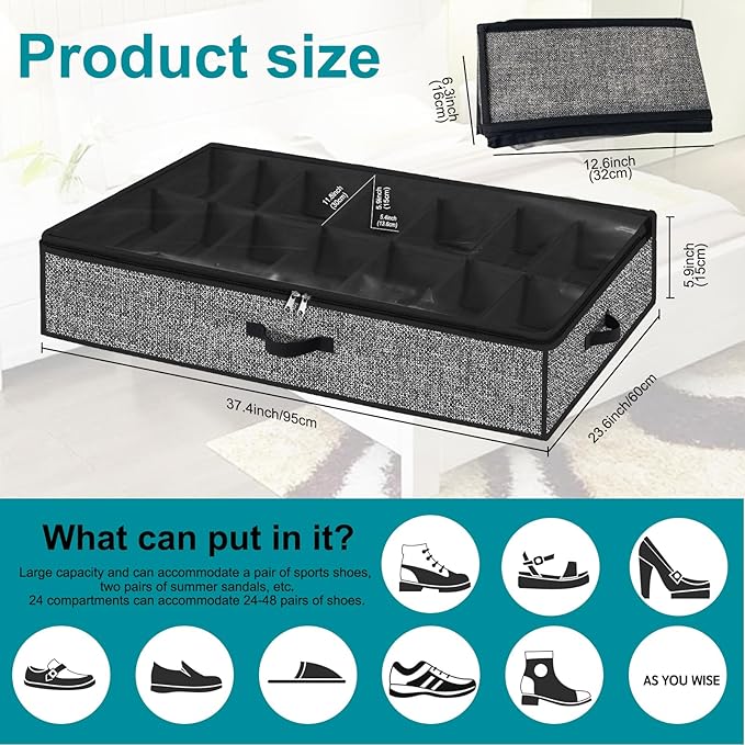 Meerainy Under Bed Shoe Storage Organizer for Closet 2 Pack- Fits 32 Pairs Underbed Shoes Container Boxes Black