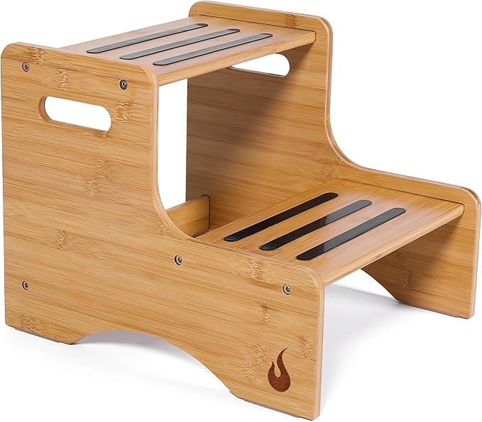 HUOLI Wooden Kids Step Stool | 13" W by 12" H - 300LB Capacity | Kids Stool & Toddler Stool for Bathroom is Lightweight, Anti-Slip, Easy Assembly with Smooth Rounded Edges, Bamboo Step Stool