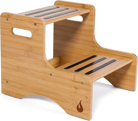 HUOLI Wooden Kids Step Stool | 13" W by 12" H - 300LB Capacity | Kids Stool & Toddler Stool for Bathroom is Lightweight, Anti-Slip, Easy Assembly with Smooth Rounded Edges, Bamboo Step Stool