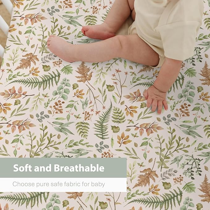 Cream Autumn Ferns and Leaves Baby Crib Sheets for Boy Girl 52"x28" Fall Autumn Leaves Soft Snug Fitted Crib Mattress Cover Thanksgiving Harvest Baby Sheet Fits Standard Crib and Toddler Bed Mattress