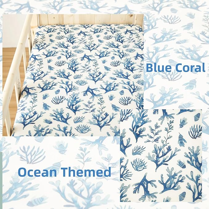 SDIII 2 Pack Ocean Crib Sheets for Boys Girls 52×28 Stretchy Microfiber Jersey Knit Coral Fitted Crib Sheet for Standard Crib and Toddler Mattress