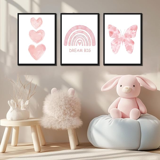 Pink Girls Nursery Wall Art Set of 3, Girl Toddler Room Wall Decor Paintings, Kids Rainbow Butterfly Love Prints Pictures for Baby Room Bedroom Decor 16x24 Inch Wood Framed