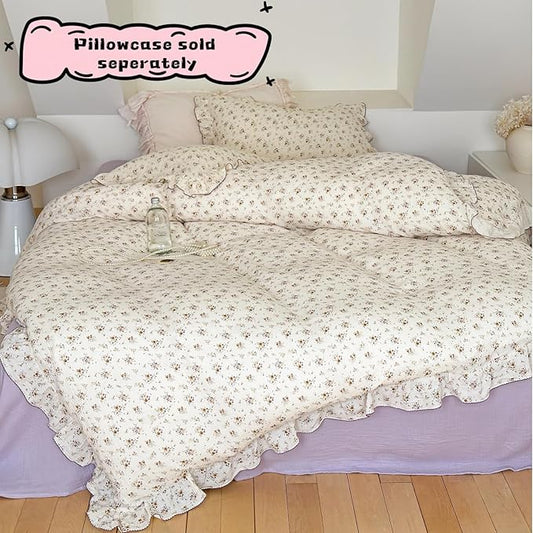 BuLuTu Cottage Floral Duvet Cover King, Soft Breathable Muslin Cotton Comforter Cover 90"x104", Princess Ruffles Bedding Quilt Covers, Zipper Closure,4 Ties, Crapemyrtle Print, No Pillow