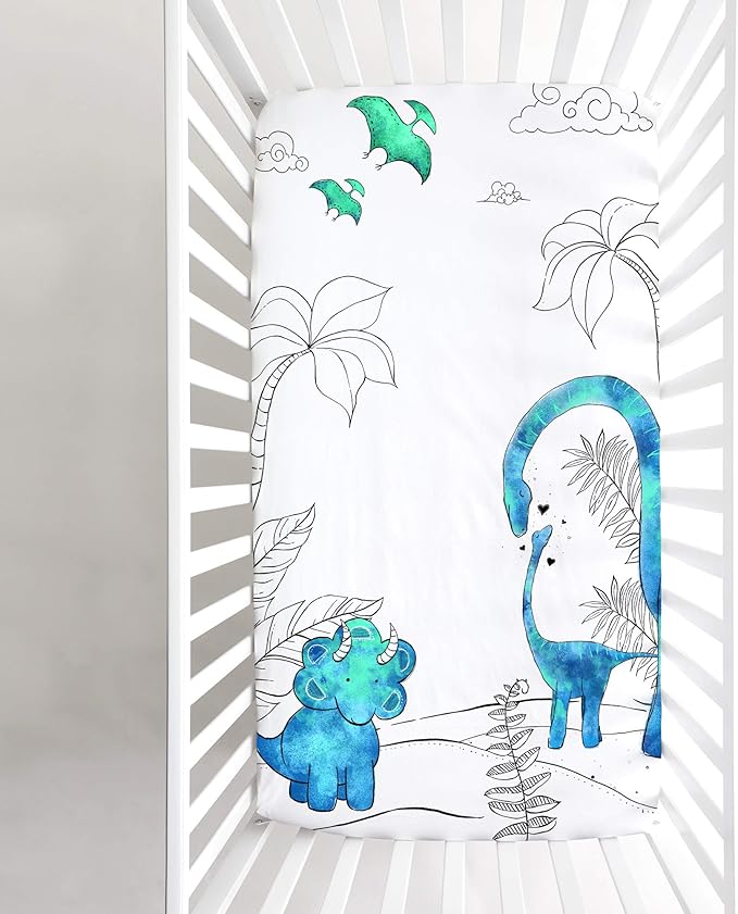 JumpOff Jo - Fitted Crib Sheet, Super Soft Breathable 100% Cotton Baby Crib Sheet for Standard Crib Mattresses and Toddler Beds, 28 in. x 52 in. - Blue Dinosaur