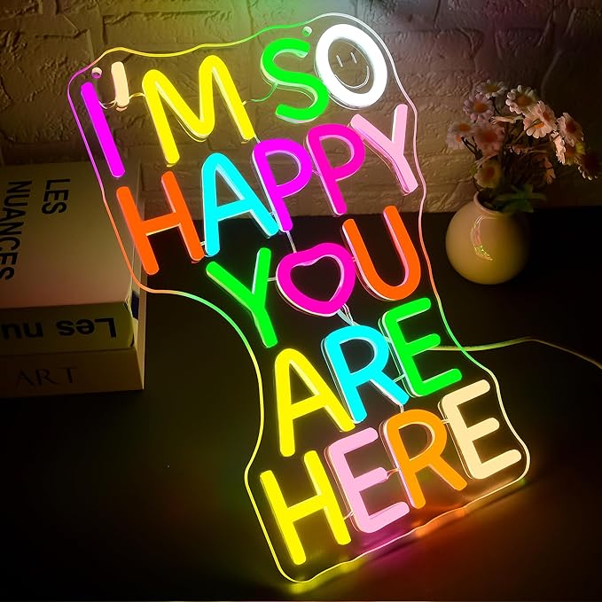 I'm So Happy You Are Here Neon Sign for Wall Decor Dimmable Welcome Sign for Classroom Inspirational Positive Wall Art Decor for Party Home Gym Office Bedroom Gifts for Teens Size 14.6*9.4in(GLNP243)