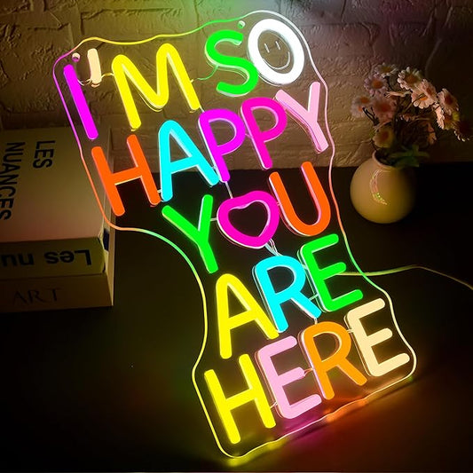 I'm So Happy You Are Here Neon Sign for Wall Decor Dimmable Welcome Sign for Classroom Inspirational Positive Wall Art Decor for Party Home Gym Office Bedroom Gifts for Teens Size 14.6*9.4in(GLNP243)