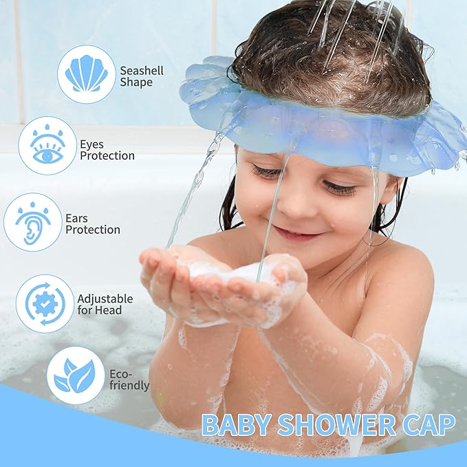 kair Baby Kids Shower Cap Soft Adjustable Silicone Toddler Bath Visor Children Hair Washing Hat Keep Kids Shield Water Out of Eyes & Ears (Blue, Head Size 17"-24" More Than 24 Months)