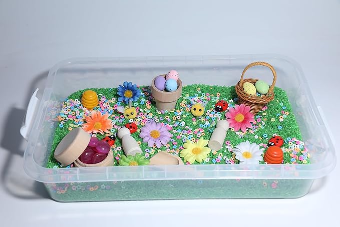 Spring Flower Sensory Bin Kit for Kids – Green Rice, Felt Bees, Wooden Eggs & Ladybugs, Floral Accessories & Wooden Tools – Includes Clear Storage Bin