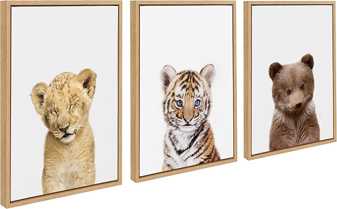 Amy Peterson Art Studio Sleepy Lion, Baby Tiger and Bear Framed Canvas Art Set, 3 Piece 18x24 Natural, Baby Animal Wall Art Decor Set