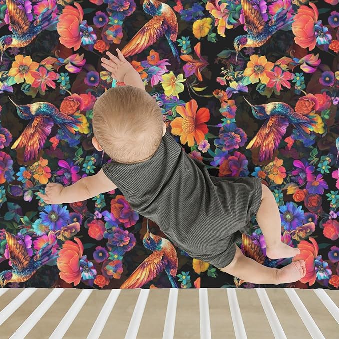 Garden Hummingbirds Blossom Baby Crib Sheets for Boy Girl 52x28Inch Tropical Birds Floral Soft Stretchy Fitted Crib Mattress Cover Colorful Spring Baby Sheet for Crib & Toddler Bed Mattresses