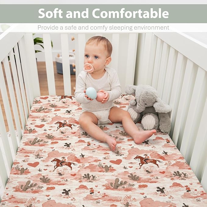 Retro Cowgirl Horse Cactus Love Baby Crib Sheets for Boy Girl 52x28Inch Western Cowgirl Hearts Soft Stretchy Fitted Crib Mattress Cover Wild Desert Baby Sheet for Standard Crib and Toddler Mattress