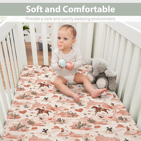 Retro Cowgirl Horse Cactus Love Baby Crib Sheets for Boy Girl 52x28Inch Western Cowgirl Hearts Soft Stretchy Fitted Crib Mattress Cover Wild Desert Baby Sheet for Standard Crib and Toddler Mattress