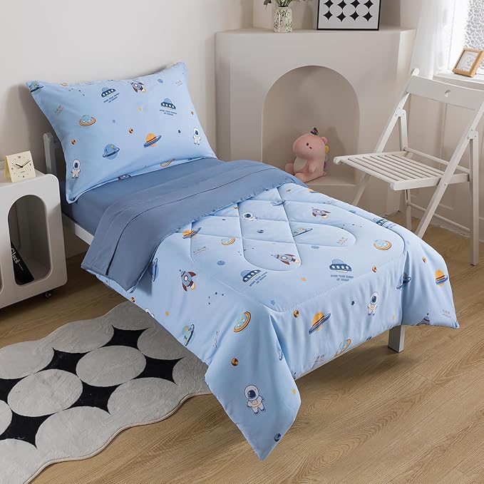 Caressma Toddler Bedding Set for Kids - Lovely Spaceship Print 4 Pieces Blue Comforter Sets, Bed in a Bag Include Comforter, Fitted Sheet, Flat Sheet & Pillowcase