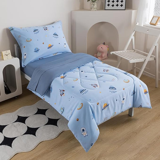 Caressma 5 Pieces Twin Size Comforter Set Bed-in-a-Bag,Soft Comforter Print Spaceship for Kids,Includes Blue Comforter, Fitted Sheet, Flat Sheet,Pillow Case & Pillow Shame for All Seasons