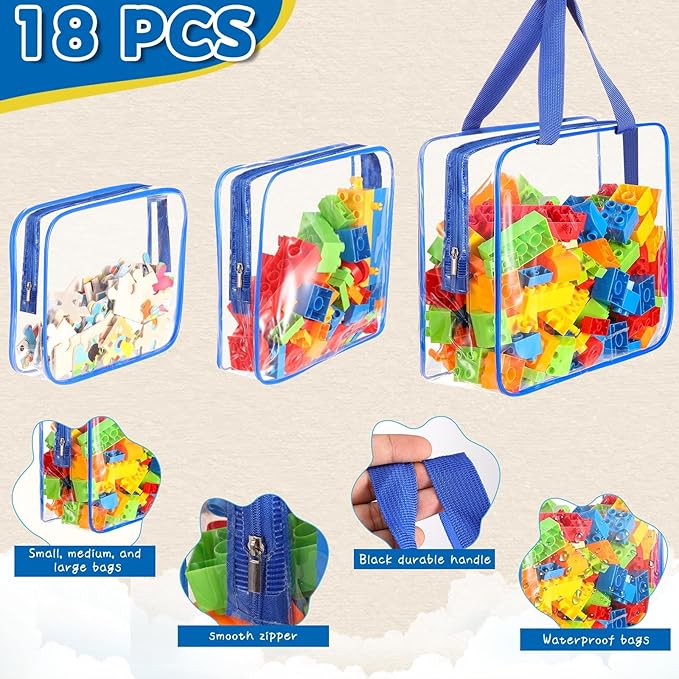 18 Packs Large Toy Storage Bags with Labels, Clear PVC Bags Travel Waterproof Kids Toy Organizer Bags with Zipper for Building Blocks Puzzle Kids Books (Blue-3 Size)