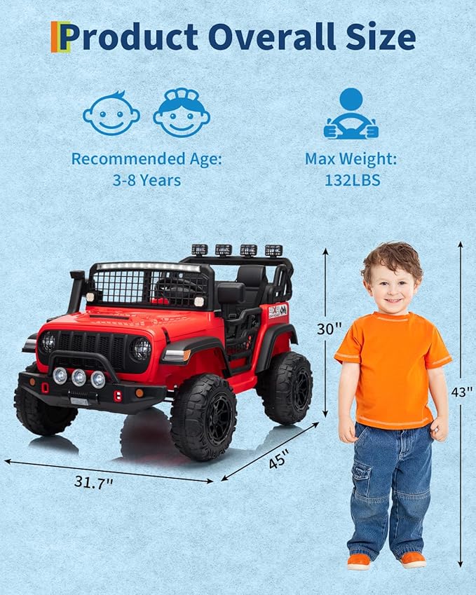 2 Seats 24V Kids Electric Ride on Car with Remote Control, 20" Large Seat with 2 Safety Belts, Two 200W Battery Powered Electric Vehicle for 3+ Years, LED Light, Music,Horn,USB Port, Riding Toy, Red