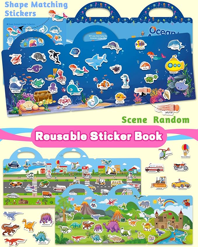 Walenced Reusable Sticker Book for Toddlers, Stickers for Kids, Toddler Sticker Book, Toddler Craft Activities, Toddler Travel Toys Ages 3 and Up Boy Girl Birthday Gifts