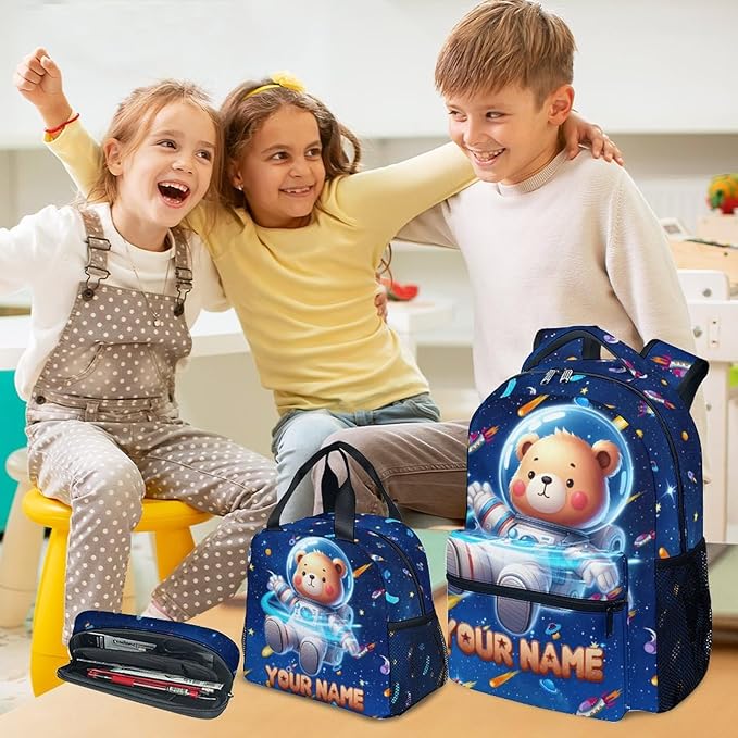 GiftoFLUX Bookbag for Boys - Personalized Bear Backpack Set for Kids Girls - Custom Backpacks for Toddlers - Planet School Bag for Kindergarten/Preschool/Elementary(17 Inch)