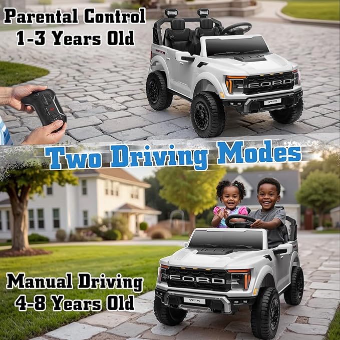 Licensed Ford F-150 Raptor 24V Ride on Toys for Boys & Girls, 2 Seater Kids Electric Car, Todder Ride on Car w/Remote Control, LED Lights, Bluetooth Music, Truck Bed Storage(24V, White)