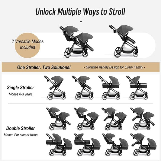 Double Stroller for Twins and Toddlers, Lightweight Aluminum Foldable Twin Stroller with Adjustable Backrest, Reversible Seat, 5-Point Harness, Storage Basket, Grey