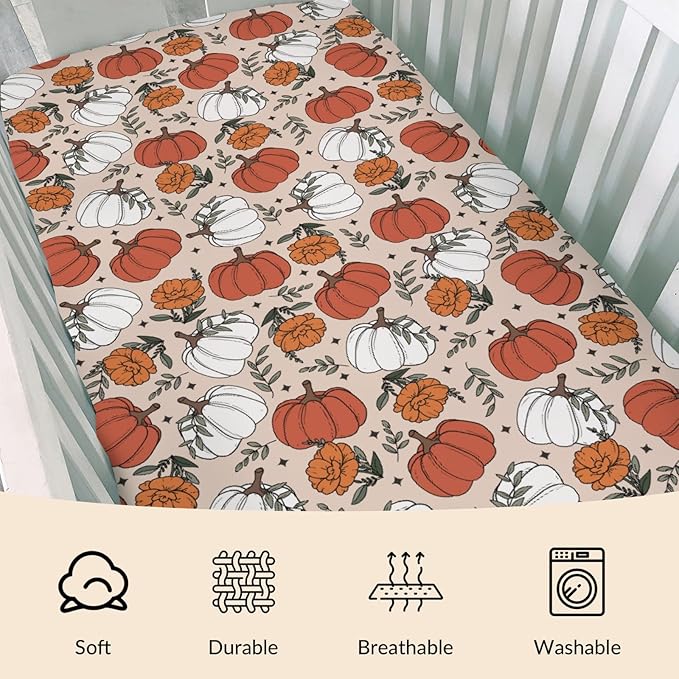 Boho Fall Pumpkin Floral Baby Crib Sheets Retro Autumn Pumpkin Flowers Thanksgiving Baby Sheets Fitted Crib Mattress Cover for Standard Crib Toddler Mattresses 28x52in