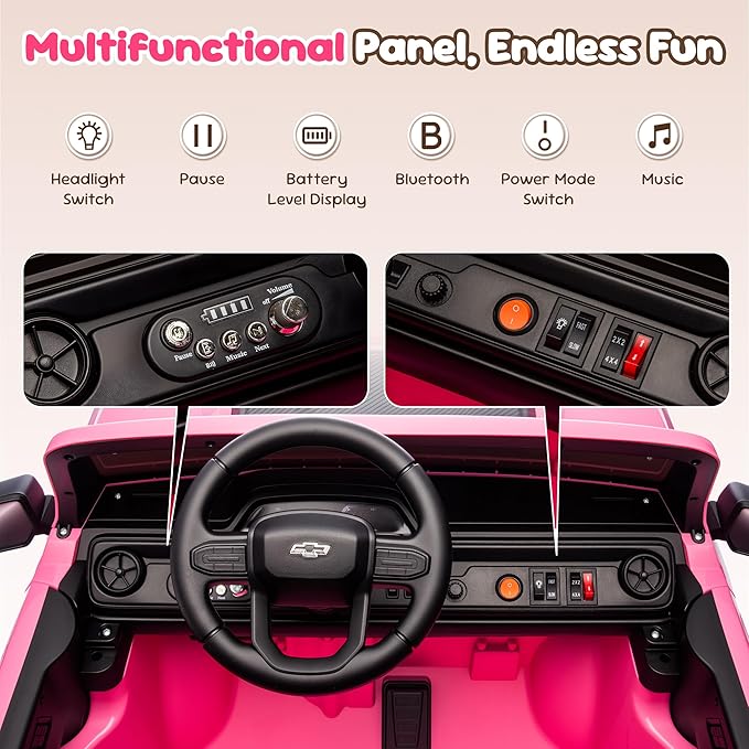 24V Ride On Car for Toddlers and Kids, Licensed Chevrolet Colorado ZR2 2-Seater 4WD Electric Truck with Remote Control, Battery Powered Wheels, LED Lights, Bluetooth Music, 132 lbs Load Capacity